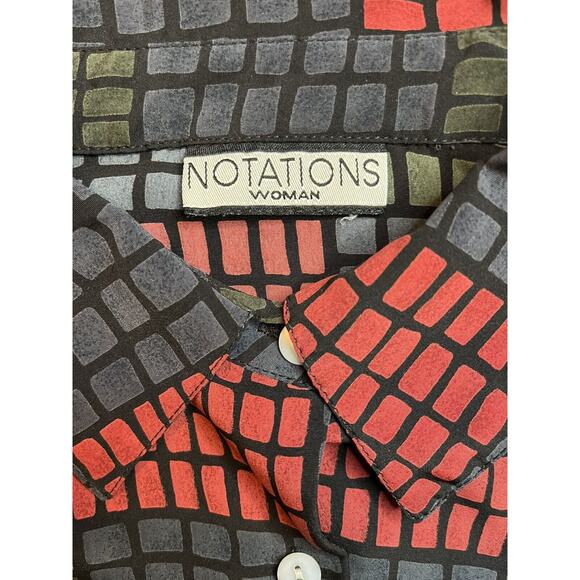 Notations‎ Ladies Button Front Long Sleeve Blouse Red Green Black RETRO Pattern - Picture 6 of 6